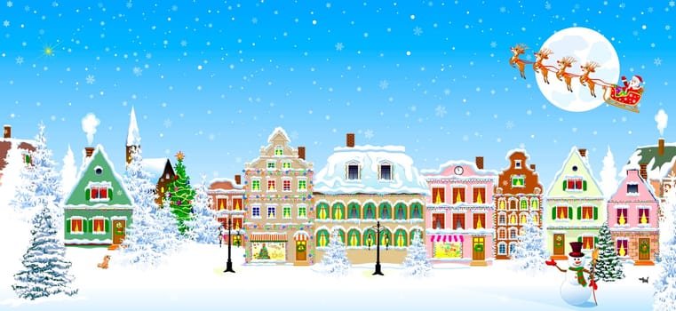 Houses, city, church, trees. Winter city landscape. Christmas Eve night. Snowflakes in the night sky. Santa Claus on a sleigh with deers on the background of the moon. Christmas winter night scene.