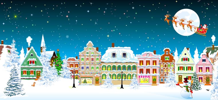 Houses, city, church, spruce. Winter city landscape. Christmas Eve night. Starry night sky. Santa Claus on a sleigh with deers on the background of the moon. Snowman.