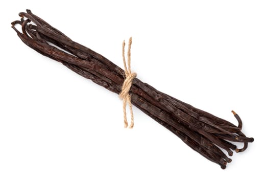 Bunch of vanilla sticks tied by twine isolated on white background. Top view, flat lay