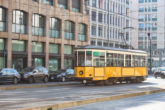 The yellow retro old tram of Milan. 5 Otober 2019 milan Italy. Famous vintage tram