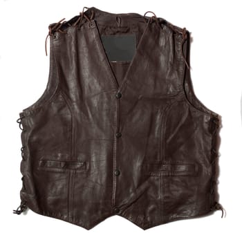 brown leather motorcycle vest on white background