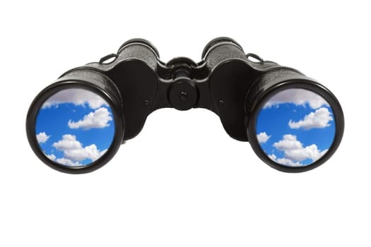 Pair of Binoculars with blue sky on a white background
