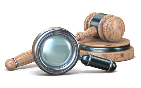 Magnifying glass and judge hammer 3D render illustration isolated on white background