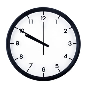 Classic analog clock pointing at nine fifty, isolated on white background.