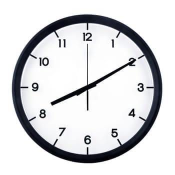 Classic analog clock pointing at eight ten, isolated on white background.