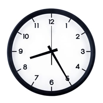 Classic analog clock pointing at eight twenty five, isolated on white background.