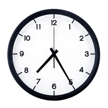 Classic analog clock pointing at seven twenty five, isolated on white background.