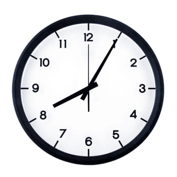 Classic analog clock pointing at eight O five, isolated on white background.