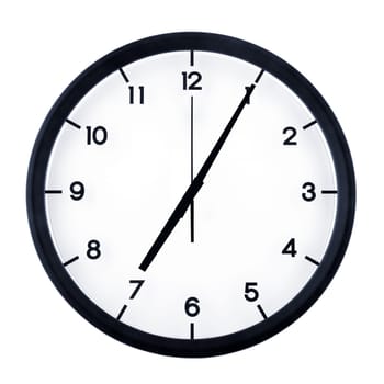 Classic analog clock pointing at seven O five, isolated on white background.