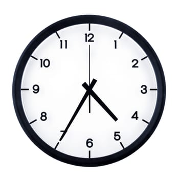 Classic analog clock pointing at four thirty five, isolated on white background.