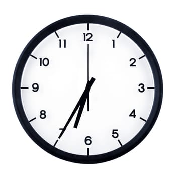 Classic analog clock pointing at six .thirty five, isolated on white background.