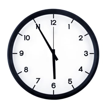 Classic analog clock pointing at five fifty five, isolated on white background.