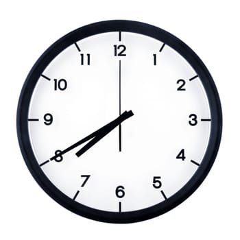 Classic analog clock pointing at seven forty, isolated on white background.