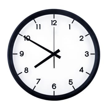 Classic analog clock pointing at seven fifty, isolated on white background.