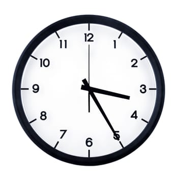 Classic analog clock pointing at three twenty five, isolated on white background.
