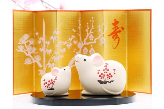 Dolls of Nezumi Mouse. Japanese new year card. Japanese new year Mouse object. Japanese word of this photography means "celebration, congraturations"""