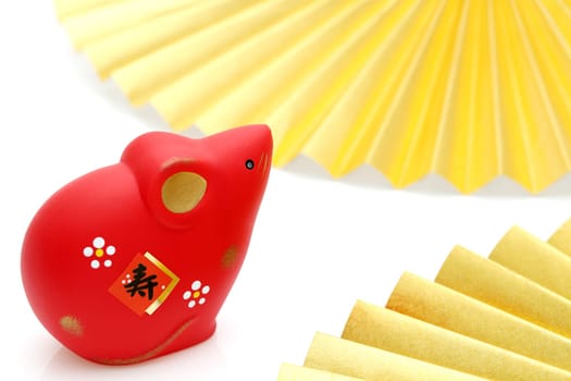 Dolls of Nezumi Mouse. Japanese new year card. Japanese new year Mouse object. Japanese word of this photography means "celebration, congraturations"""