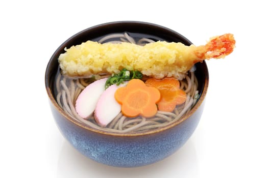 Japanese Tenpura soba noodles in a bowl on white background
