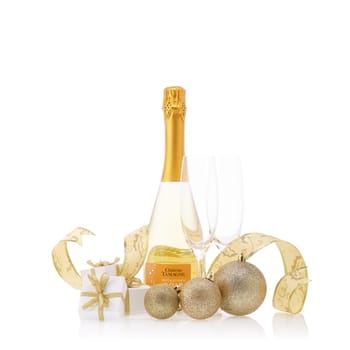 Bottle of muscat white young sparkling wine Chateau Tamagne 2018, gift boxes and Christmas ornaments isolated on a white background. New Year and Christmas