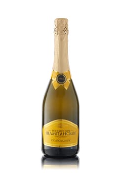 St.Petersburg, Russia - October 2019 - Russian champagne.Yubilejnoe. Bottle of Russian champagne Yubilejnoe isolated on a white background.