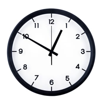 Classic analog clock pointing at twelve fifty, isolated on white background.