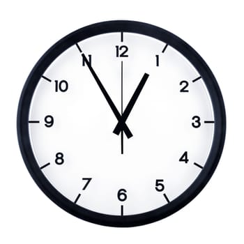 Classic analog clock pointing at twelve fifty five, isolated on white background.