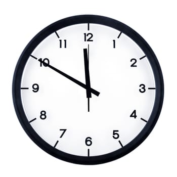 Classic analog clock pointing at eleven fifty, isolated on white background.