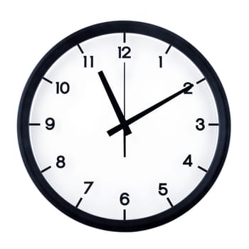 Classic analog clock pointing at eleven ten, isolated on white background.
