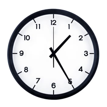 Classic analog clock pointing at one twenty five, isolated on white background.