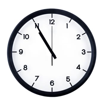 Classic analog clock pointing at ten fifty five, isolated on white background.