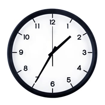Classic analog clock pointing at one thirty five, isolated on white background.