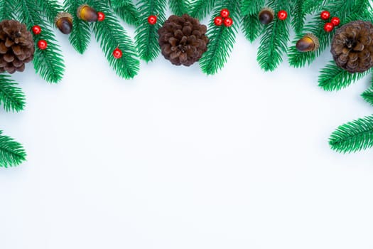 Christmas holidays composition, top view of red and gold Christmas decorations on white background with copy space for text. Flat lay, winter, postcard template, new year concept.