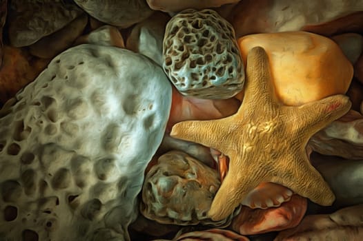 Detail of the various sea pebbles on the beach with shells
