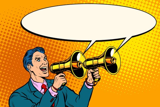 businessman with a megaphone. announcement advertising. Pop art retro vector illustration kitsch vintage drawing