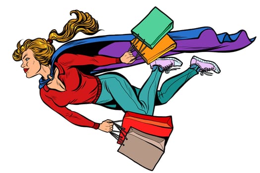 superhero woman flying with shopping. sales and discounts in stores. pop art retro vector illustration kitsch vintage drawing 50s 60s
