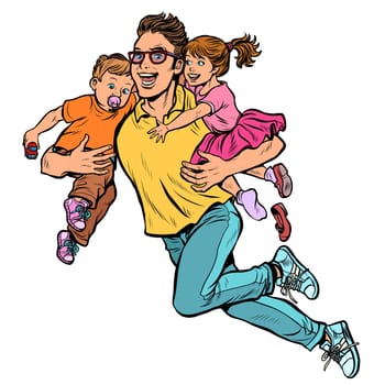 dad superhero flies and carries his daughter and son in his arms. paternity. Pop art retro vector illustration kitsch vintage