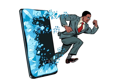 african businessman punches the screen Phone gadget smartphone. Online Internet application service program. Pop art retro vector illustration drawing vintage kitsch