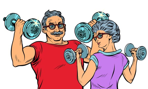 Grandparents do sports, fitness dumbbells. Pop art retro vector illustration drawing vintage kitsch