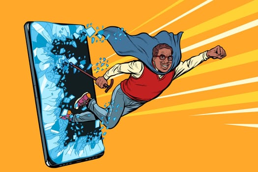 Old african man superhero punches the screen Phone gadget smartphone. Online Internet application service program. Pop art retro vector illustration drawing vintage kitsch
