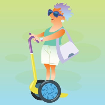 The theme of travel and vacation. the woman retired rides an electric scooter