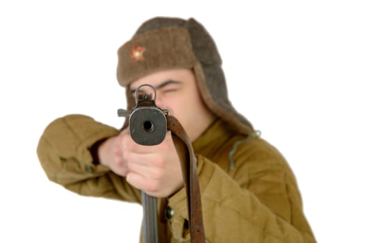 a young Soviet soldier  with a machine gun on white background