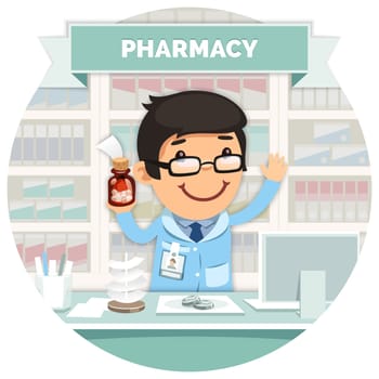 Apothecary behind the Counter at the Pharmacy Round Banner. Isolated on White Background. Clipping paths included in additional jpg format