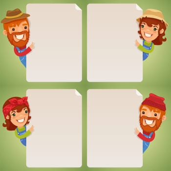 Farmers Cartoon Characters Looking at Blank Poster Set. In the EPS file, each element is grouped separately. Clipping paths included in additional jpg format.