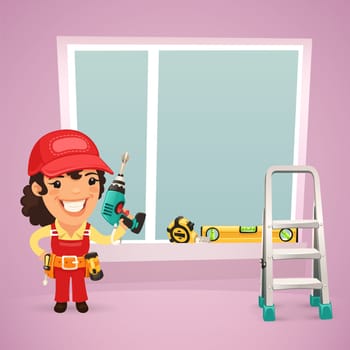 Female Worker Is Installing the Window. In the EPS file, each element is grouped separately. Clipping paths included in additional jpg format.