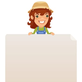 Female Farmer looking at Blank Poster on Top. In the EPS file, each element is grouped separately. Isolated on white background. JPG with paths.