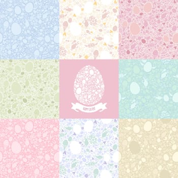 Eight Versions Easter Seamless Pattern in Pastel Shades. Easter symbols Shapes. Five editable additional versions pattern in swatches.