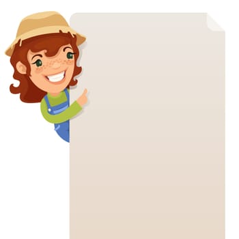Female Farmer looking at blank poster. In the EPS file, each element is grouped separately. Isolated on white background. JPG with paths.
