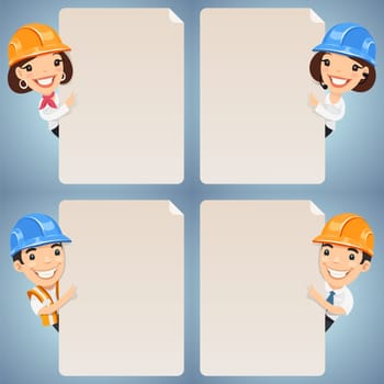 Foremen Cartoon Characters Looking at Blank Poster Set. In the EPS file, each element is grouped separately. Clipping paths included in additional jpg format.