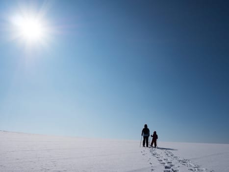 Snowshoe hikers in the sunlight