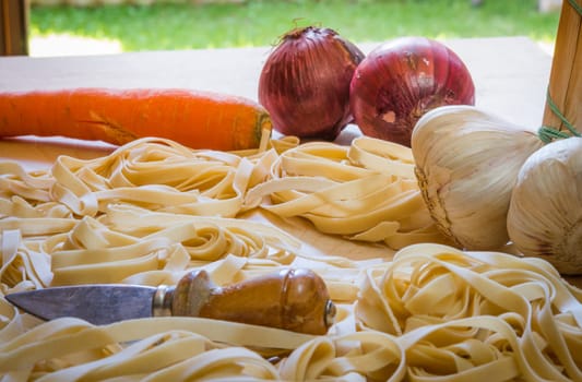 Fettuccine or tagliatelle cut ready to cook with vegetables